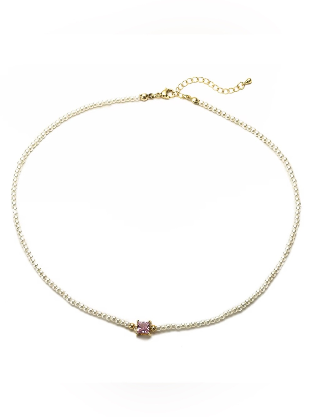 Delicate Pearl Necklace with Pink Gemstone